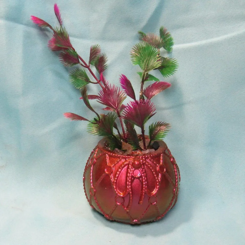Aquarium Decoration - Copper Red Ball with Gemstones and Colorful Plant.